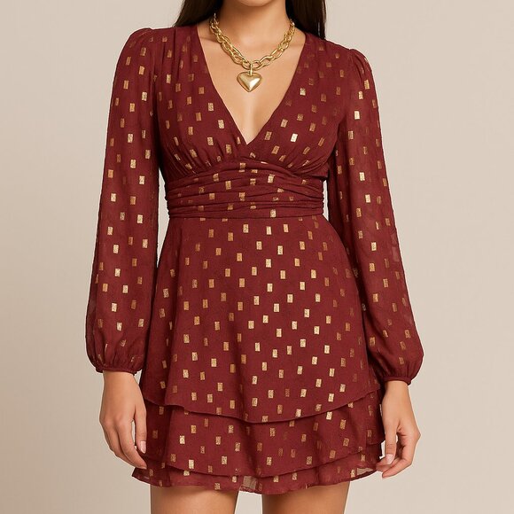 Darlin Wine & Gold Metallic Chiffon Dress – Size 9/10 – NWT - Picture 7 of 7